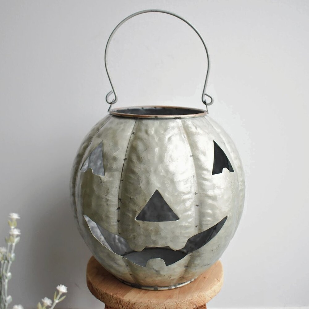 Galvanized Metal Jack O Lantern Bucket Rustic Country Farmhouse Halloween Decor